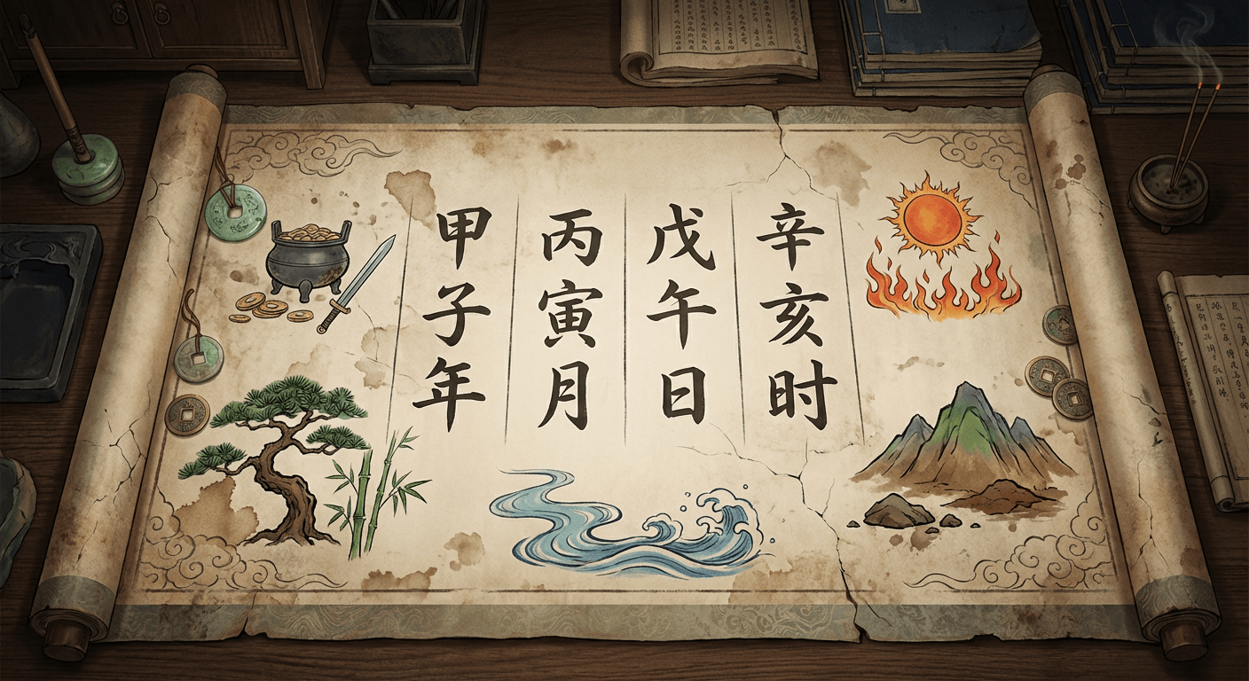 八字分析系统预览图 - 基于出生日期生成详细人生蓝图，包含性格分析、事业财富、婚姻关系和健康洞察